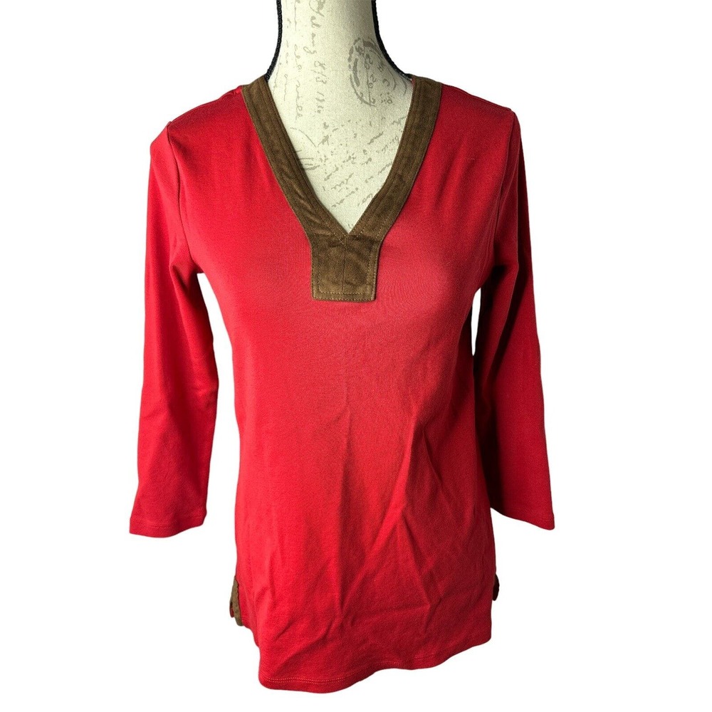 Ralph Lauren Top Womens M Red Brown Suede Texture Accent Pullover Blouse